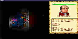 Screenshot of the game Ultima VI. on the left side the party of heroes sit in the dark near a sleeping Mayor at night in a medieval cottage. On the right is a list of the hero party member names.