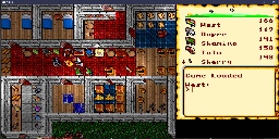 Screenshot of Ultima VI depicting a part of heroes in a custom stone building, and the heroes are surrounded by maps, swords, and other items from their adventures.