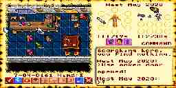 Screenshot of Ultima VI in which the medieval adventurers stand in a tavern where there are cats and a harpsichord nearby, all objects being roughly equaly in size due to the tile-based graphics of 1990.