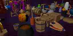 3D models of a cauldron, bellow, churn, bucket, and an array of other medieval objects.