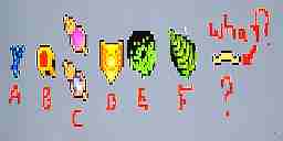 Several Ultima VI sprite graphics in a row. Lightning wand, chair, spool of thread, etc.