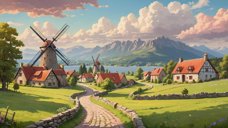 A painting of a cheerful medieval fantasy village with a windmill and drystone half walls along the cobblestone path leading into the village. In the distance is a lake, then a forest, then mountain peaks, and puffy clouds above during the daytime..