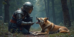 A knight in an autumnal forest kneels to take the temperature of a wolf with a thermometer.