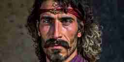 A Romani man with long, curly hair, a beard, a bandana, wearing a scarf but no shirt.