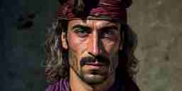 A Romani man with long, curly hair, a beard, a bandana, wearing a scarf.