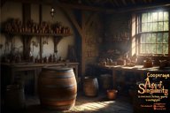 A medieval cooper's workshop with barrels, tools, and other wooden materials near a window.