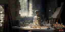 A medieval stone sculptor's workshop with a marble bust of a short-haired man on the workbench near a window.