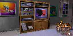 The living room with the TV console of the Avatar in the Ultima VI intro, 3D-modeled. A large 1980s tv, record player, stack of records, CD player, audio mixer, and VCR.