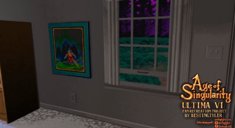 Looking out the window the stormy night while standing near the framed Ultima V painting featuring the Shadowlords.