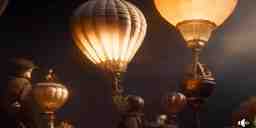 The Avatar and friends in a hot air balloon at night lit by oil lanterns.