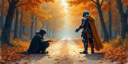 Concept of the Avatar standing near a beggar in the autumnal woods.