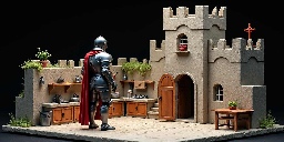 A knight stands in an under-sized playhouse kitchen.