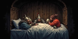 A part of adventuers comfy in a giant inn bed together wearing night caps.