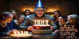 The middle-aged Avatar in armor happily sits at a table wearing a birthday hat with a birthday cake surrounded by women.