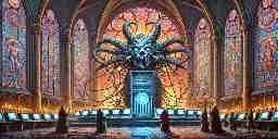 In a massive cathedral chamber lined with colorful stained glass windows, a demonic head sculpture rests atop a colossal stone computer altar as adventurers prepare to fight it.