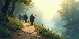 A party of adventurers wearing backpacks and armor as they walk along a riverbank path in a forest.