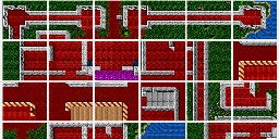 A grid of pixelated red tile floors and grey stone walls composing a game building's interior sections as viewed from above.