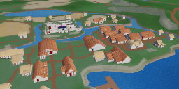 The city of Britain with the moat-surrounded castle in the middle, shingled roofs, and riverways leading to the Britanny Bay.