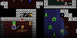 Various Ultima V dungeon rooms with monsters and heroes.