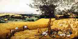 A painting of a vast field with workers harvesting wheat, standing it up into triangular batches