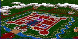 The Castle Britain area of Ultima VI, but with vertical height added, viewed at an angle with the mountains behind it.