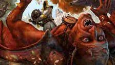 The Avatar slawying a gargoyle in an autumnal forest.