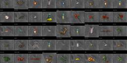 A grid of Daggerfall pixel sprite imagery. Potions, flowers, leaves, and other alchemical ingredients.