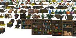 A grid of Daggerfall pixel sprite imagery. Potions, flowers, leaves, and other alchemical ingredients.