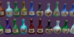 A grid of Daggerfall pixel sprite imagery. Potions, flowers, leaves, and other alchemical ingredients.