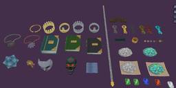 An array of artifacts. Thick books with metal bindings, gold and silver crowns, metal amulets, a stone skull, a stone and metal staff, metal rings, cut gemstones, and several ancient pronged metal skeleton keys. 3D models.