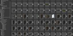 A grid of default Daggerfall 3D models. Bookshelves, rocks, a spinning wheel, scaffolds.