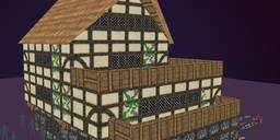 A multi-story Tudor building I modified from a default Daggerfall 3D building model so it's bottom story is cobblestone, and its upper stories are plaster and half-timber framing with jetties and a brick chimney. 3D model.