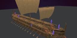 A 120-foot-long painted wooden Greek trireme ship with a pointed front, wide sails, and a dozen oars on each side. 3D model modeled largely after the Olympias.