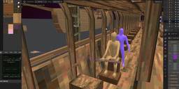 An oar being rowed by a mannequin aboard a long wooden Greek trireme. 3D model.