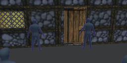 Two 5 foot 8 inch tall male figures standing in front of a Daggerfall Tudor cobblestone building's wooden door, showing how much bigger than real life Daggerfall's scale is.