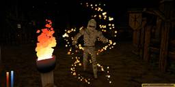 A mummy wrapped in fire in a village at night. Generated image by GPT Image 2.