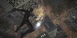 Spider-Man diving down through the nighttime New York buildings. Spiderman 2012 screenshot.