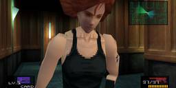 Soldier Meryl stands in an underground military base with a marble floor. Low-poly screenshot from Metal Gear Solid 1 (PC).
